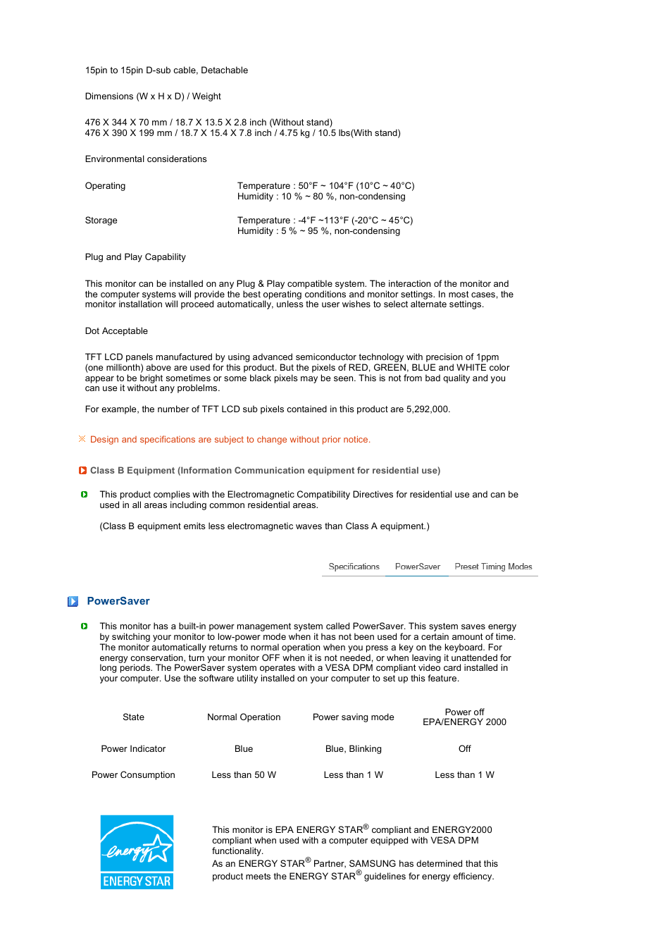 Powersaver | Samsung LS20PENSF-XAA User Manual | Page 44 / 50