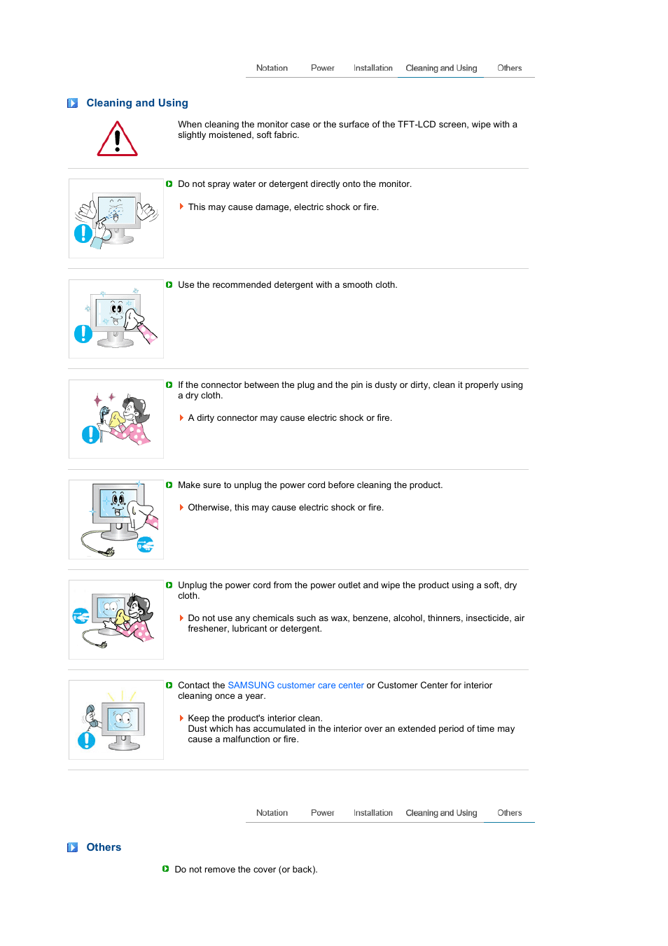 Cleaning and using, Others | Samsung LS20PENSF-XAA User Manual | Page 6 / 50