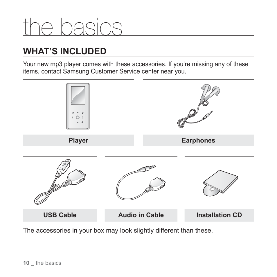 The basics, What’s included | Samsung YP-S5JAB-XAA User Manual | Page 10 / 117