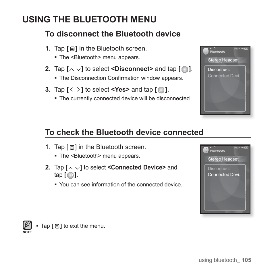 Using the bluetooth menu | Samsung YP-S5JAB-XAA User Manual | Page 105 / 117