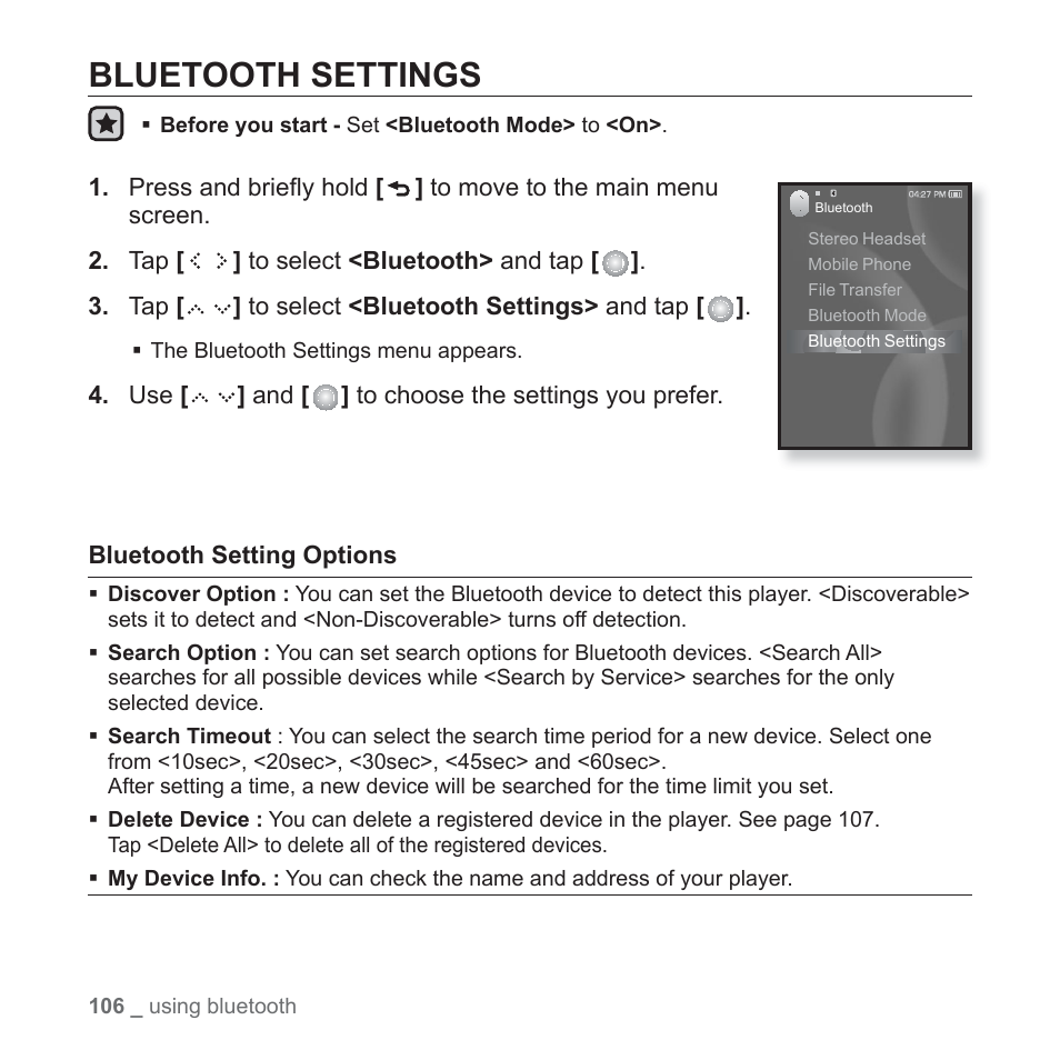 Bluetooth settings | Samsung YP-S5JAB-XAA User Manual | Page 106 / 117