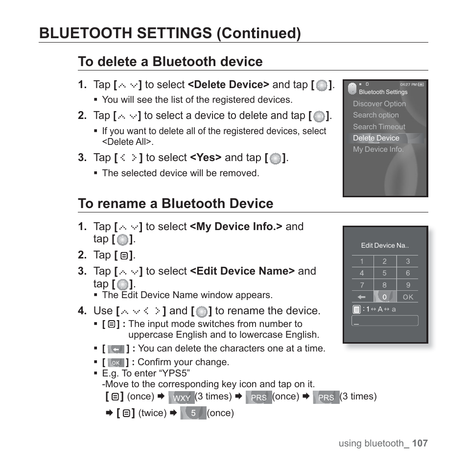 Bluetooth settings (continued) | Samsung YP-S5JAB-XAA User Manual | Page 107 / 117