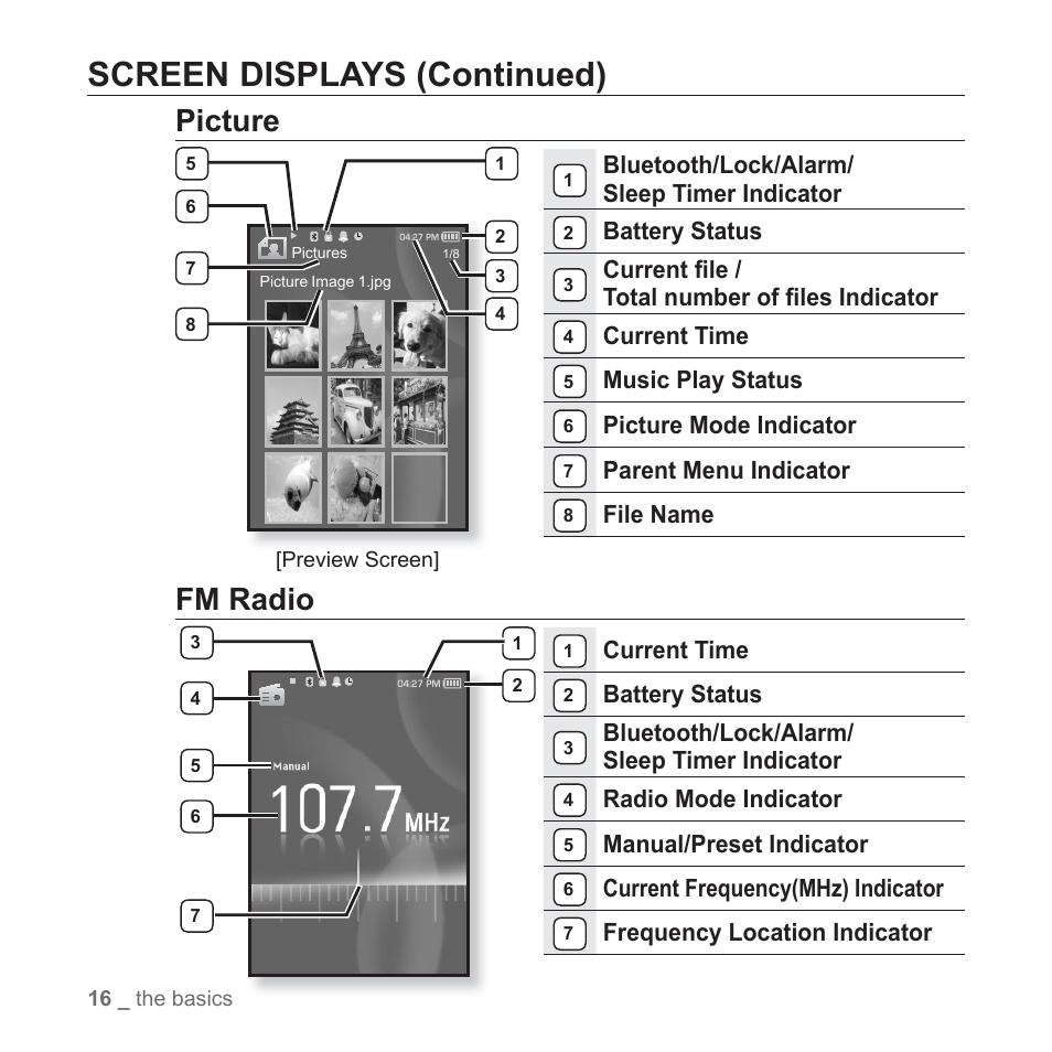 Screen displays (continued), Picture, Fm radio | Bluetooth/lock/alarm/ sleep timer indicator, Battery status, Current fi le / total number of fi les indicator, Current time, Music play status, Picture mode indicator, Parent menu indicator | Samsung YP-S5JAB-XAA User Manual | Page 16 / 117