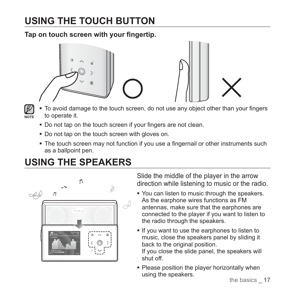 Using the touch button, Using the speakers, Tap on touch screen with your fi ngertip | Samsung YP-S5JAB-XAA User Manual | Page 17 / 117