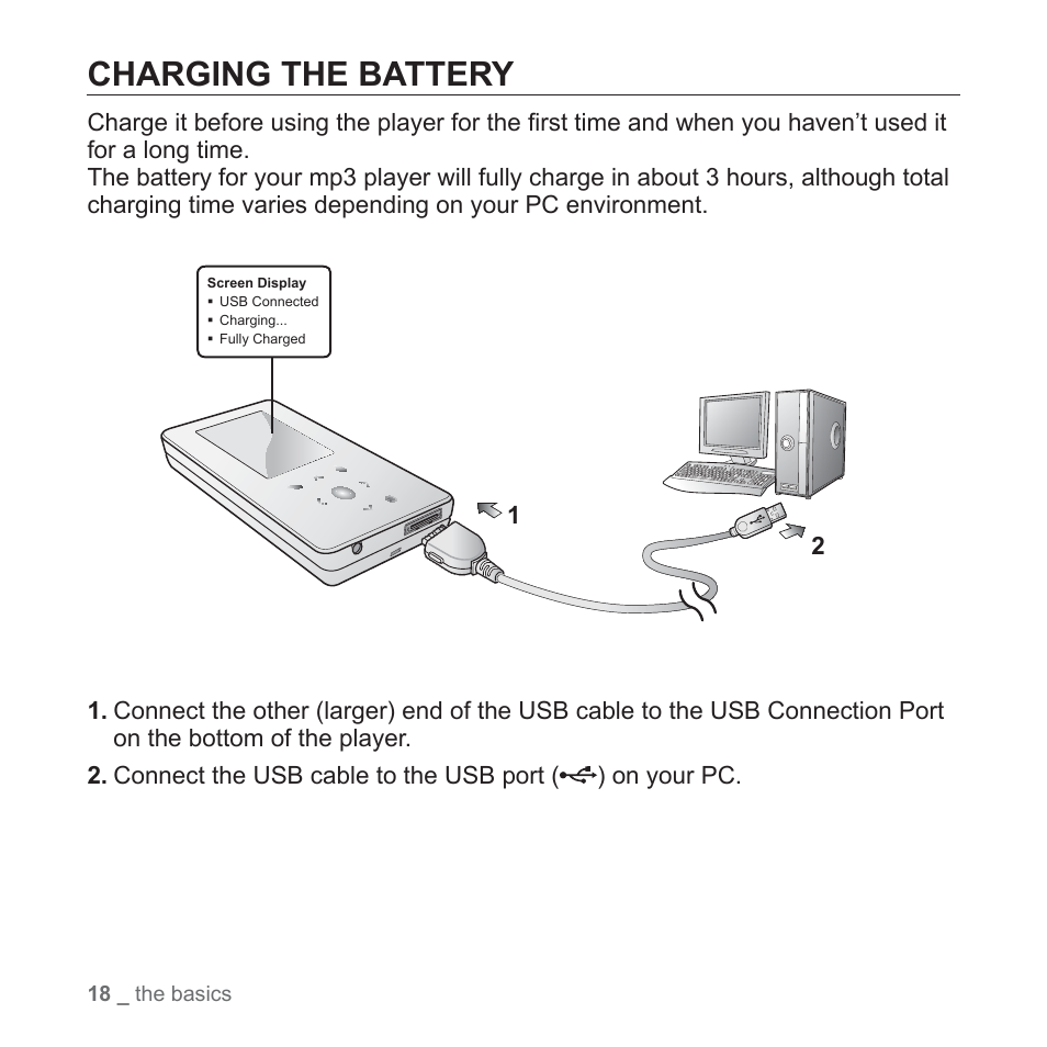 Charging the battery | Samsung YP-S5JAB-XAA User Manual | Page 18 / 117
