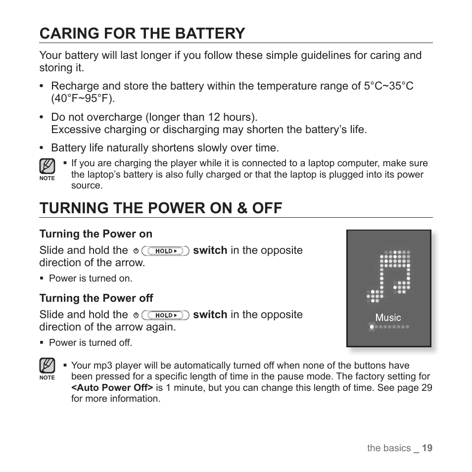 Caring for the battery, Turning the power on & off | Samsung YP-S5JAB-XAA User Manual | Page 19 / 117