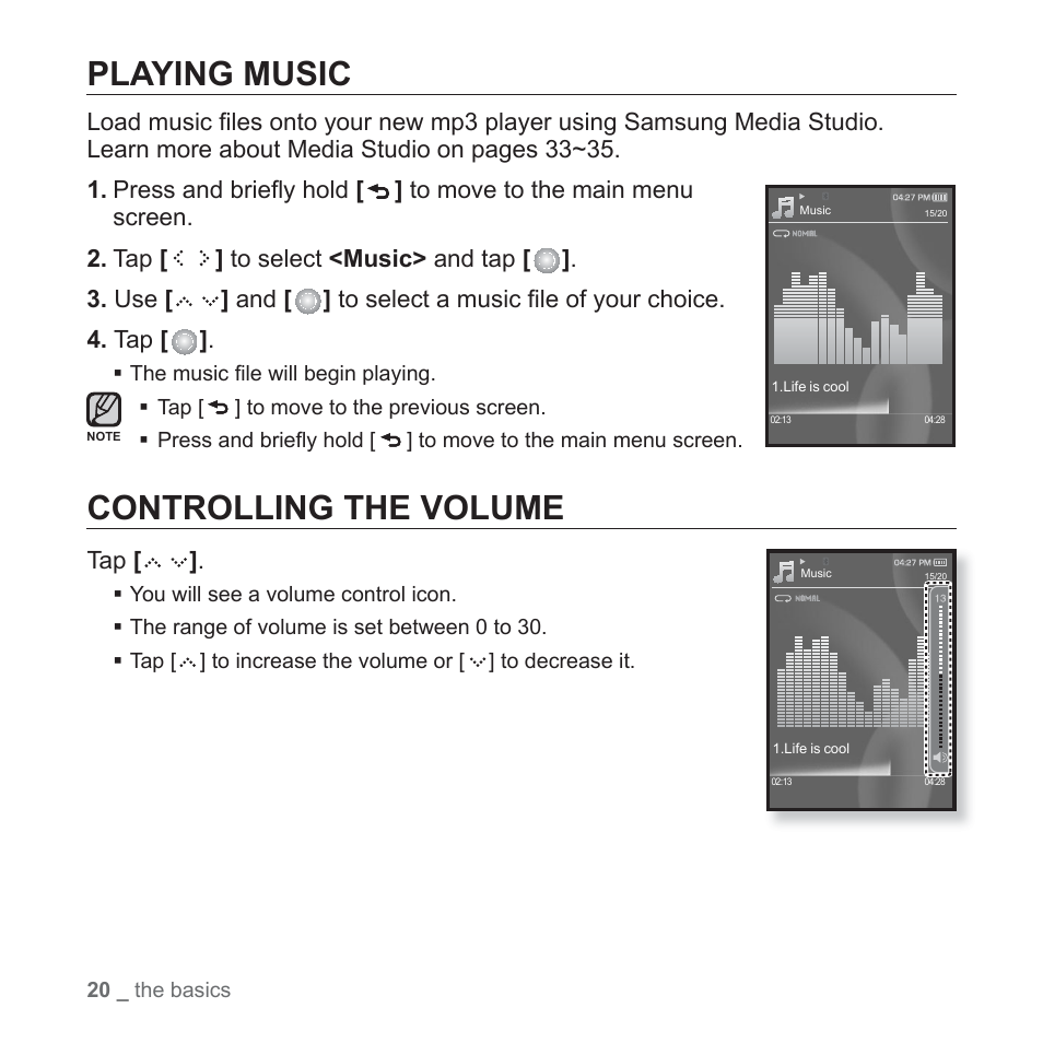 Playing music, Controlling the volume | Samsung YP-S5JAB-XAA User Manual | Page 20 / 117