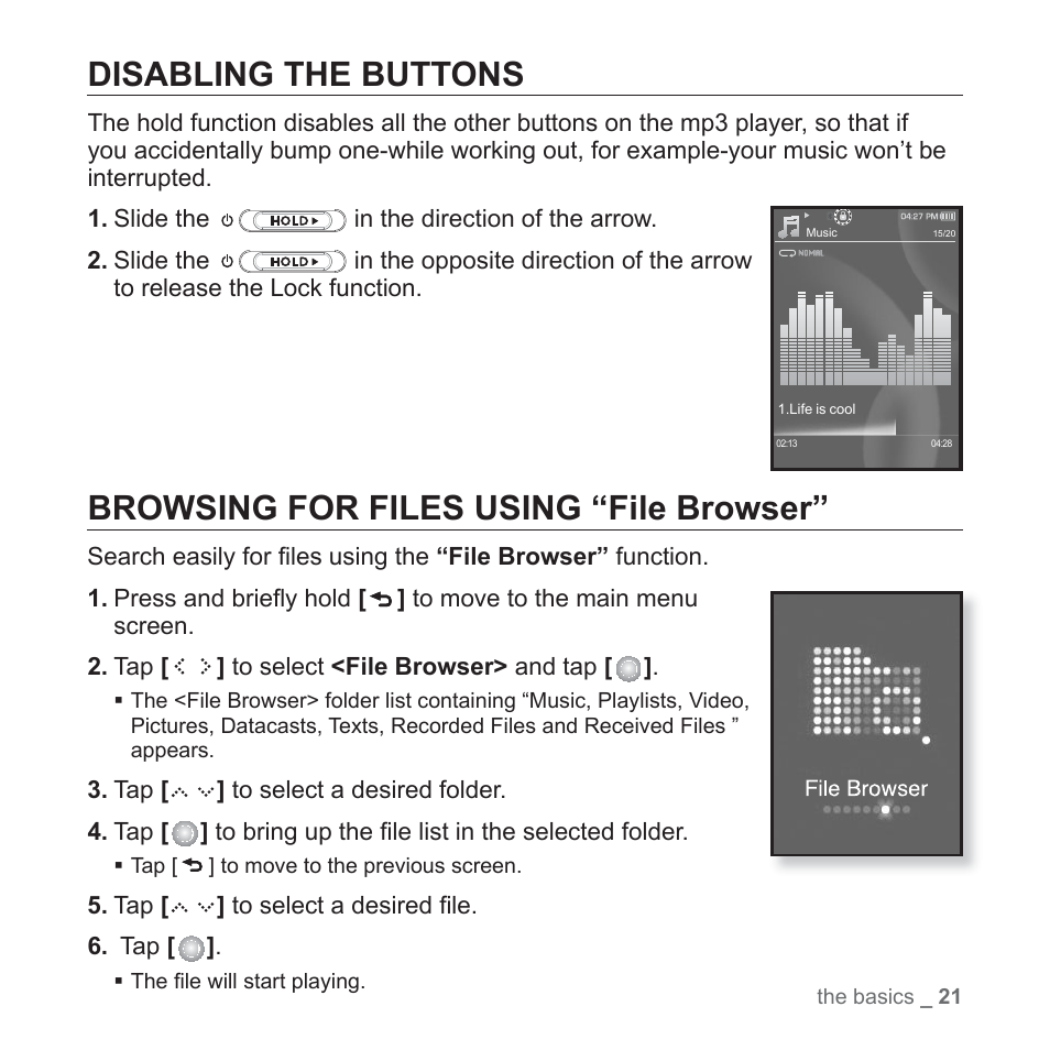 Disabling the buttons, Browsing for files using “file browser | Samsung YP-S5JAB-XAA User Manual | Page 21 / 117