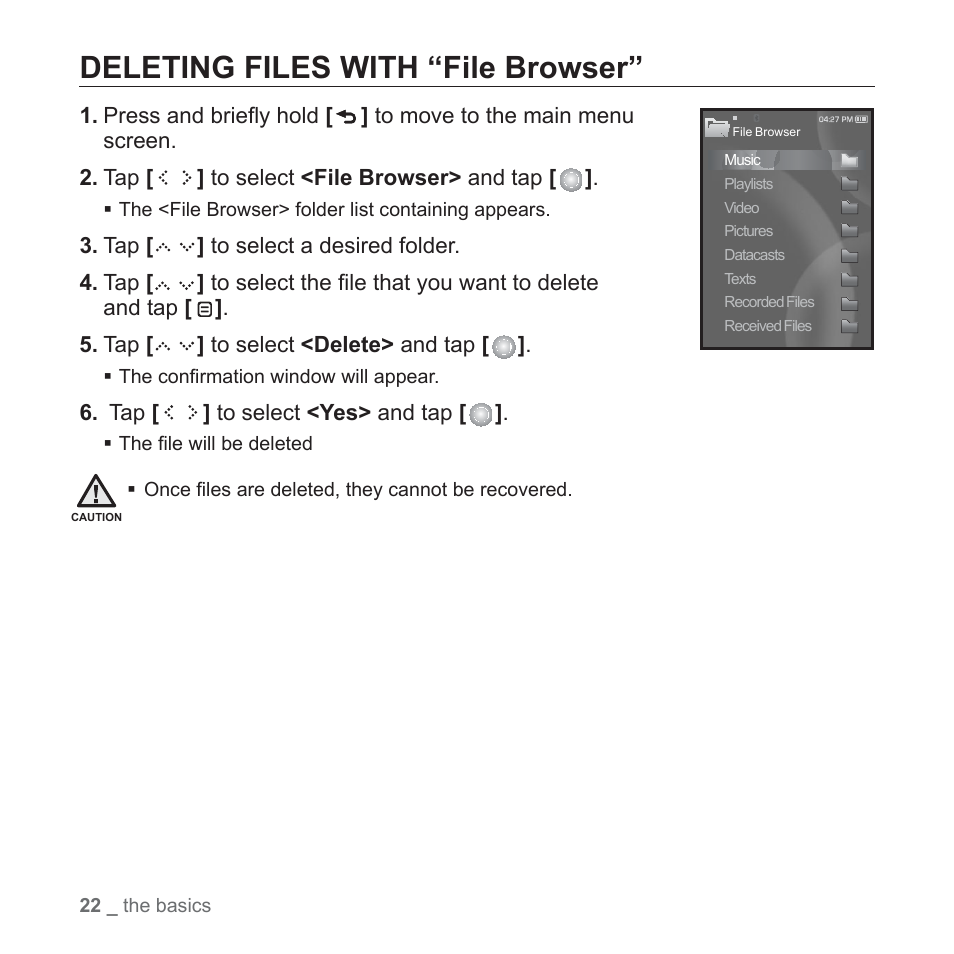 Deleting files with “file browser | Samsung YP-S5JAB-XAA User Manual | Page 22 / 117