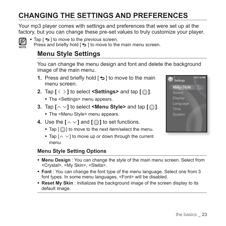 Changing the settings and preferences, Menu style settings | Samsung YP-S5JAB-XAA User Manual | Page 23 / 117