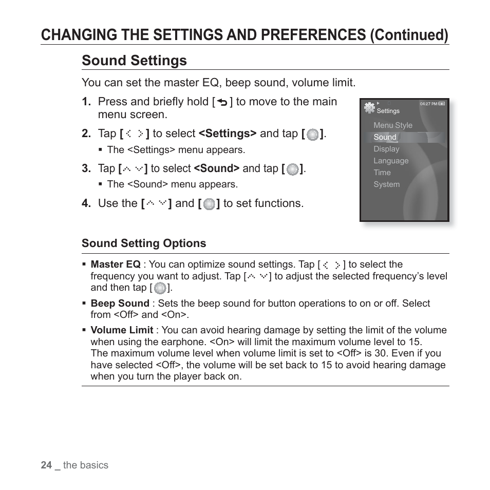 Changing the settings and preferences (continued), Sound settings | Samsung YP-S5JAB-XAA User Manual | Page 24 / 117