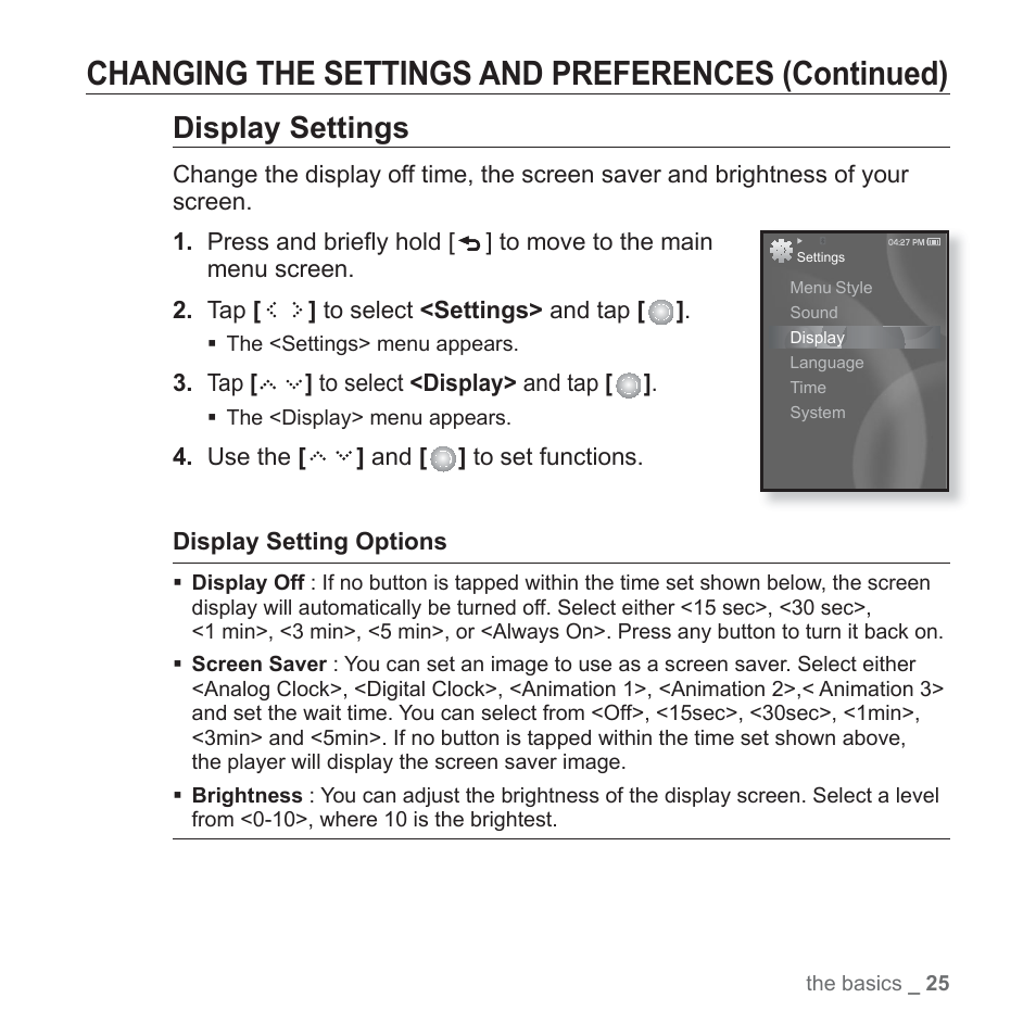 Changing the settings and preferences (continued), Display settings | Samsung YP-S5JAB-XAA User Manual | Page 25 / 117