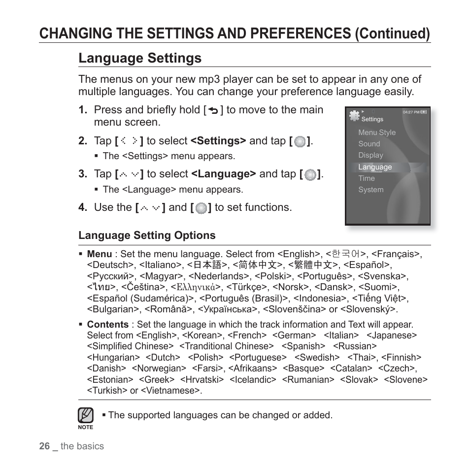 Changing the settings and preferences (continued), Language settings | Samsung YP-S5JAB-XAA User Manual | Page 26 / 117