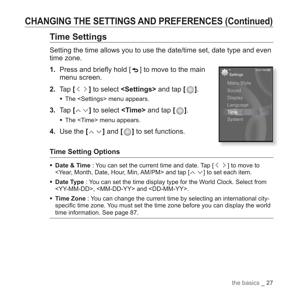 Changing the settings and preferences (continued), Time settings | Samsung YP-S5JAB-XAA User Manual | Page 27 / 117