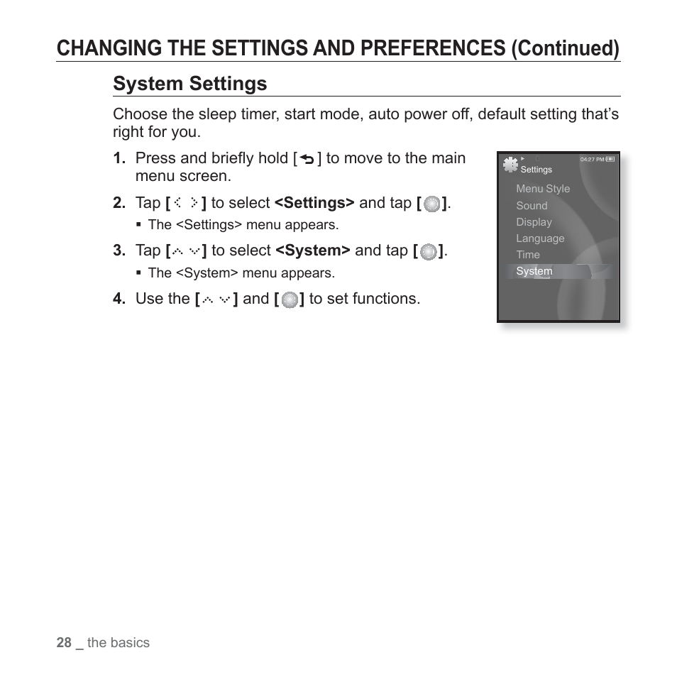 Changing the settings and preferences (continued), System settings | Samsung YP-S5JAB-XAA User Manual | Page 28 / 117