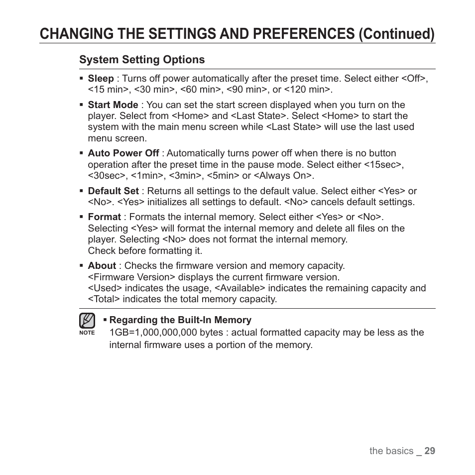 Changing the settings and preferences (continued) | Samsung YP-S5JAB-XAA User Manual | Page 29 / 117