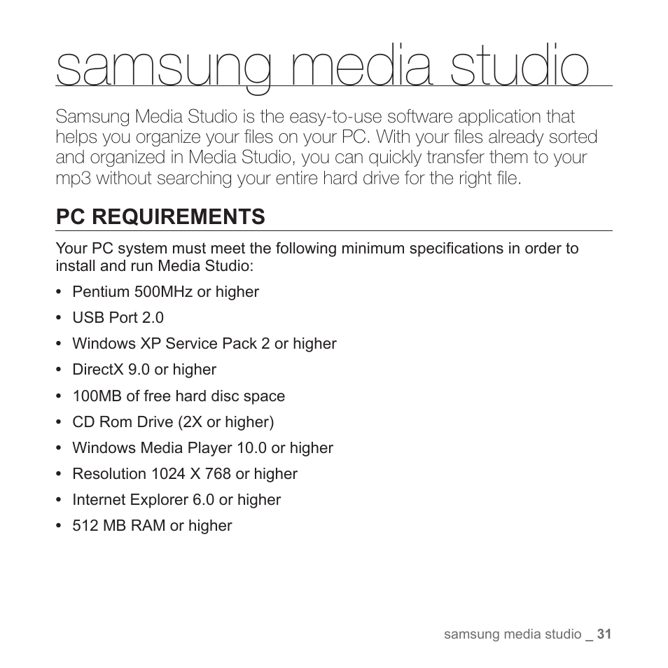 Samsung media studio, Pc requirements | Samsung YP-S5JAB-XAA User Manual | Page 31 / 117