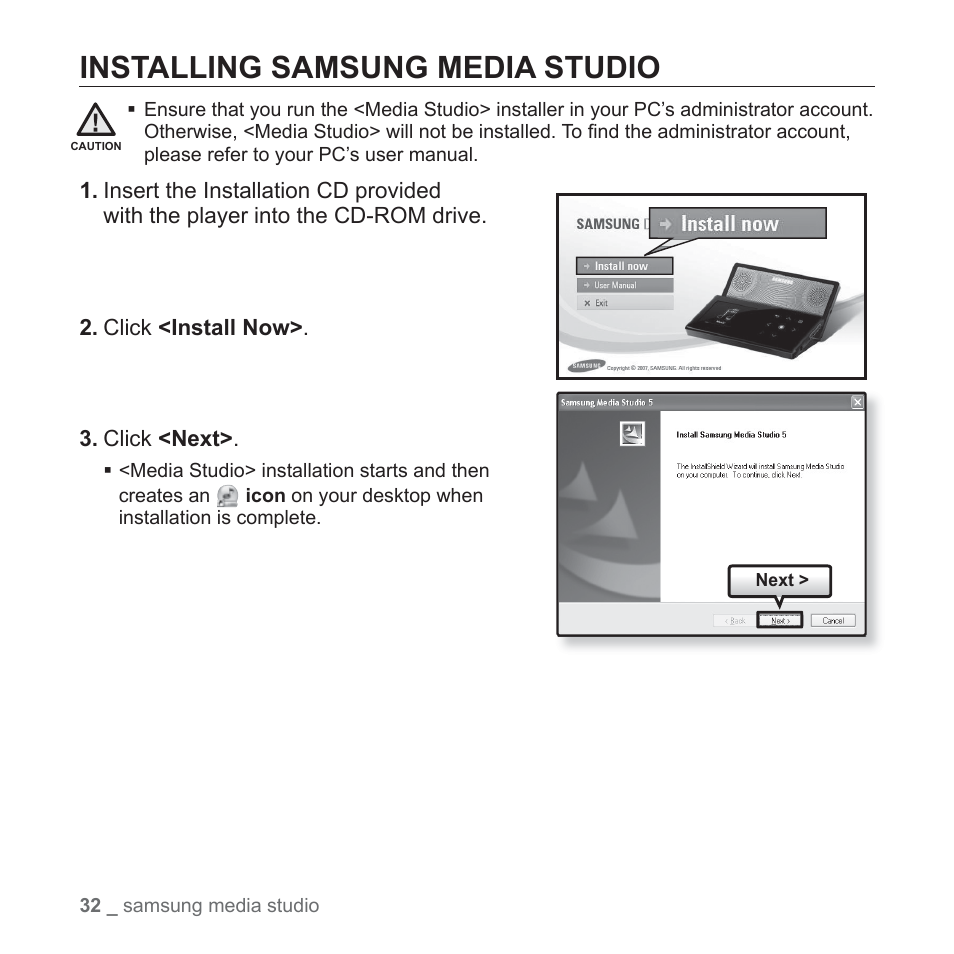 Installing samsung media studio | Samsung YP-S5JAB-XAA User Manual | Page 32 / 117