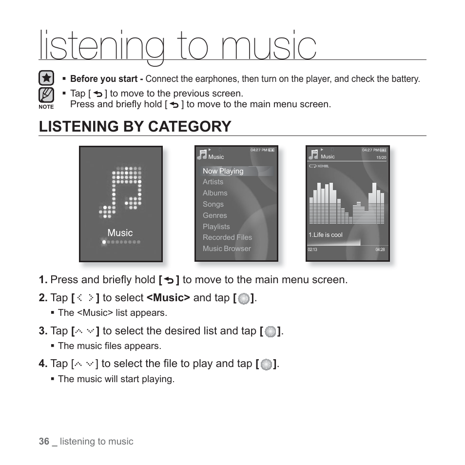 Listening to music, Listening by category | Samsung YP-S5JAB-XAA User Manual | Page 36 / 117