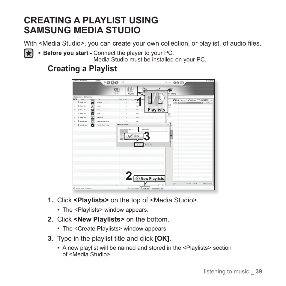 Creating a playlist usingsamsung media studio, Creating a playlist using samsung media studio, Creating a playlist | Samsung YP-S5JAB-XAA User Manual | Page 39 / 117