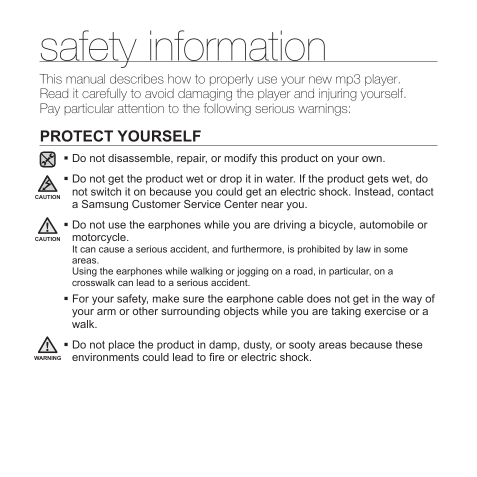 Safety information, Protect yourself | Samsung YP-S5JAB-XAA User Manual | Page 4 / 117