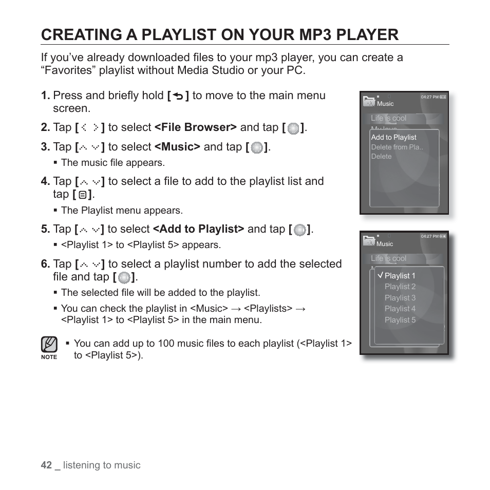 Creating a playlist on your mp3 player | Samsung YP-S5JAB-XAA User Manual | Page 42 / 117