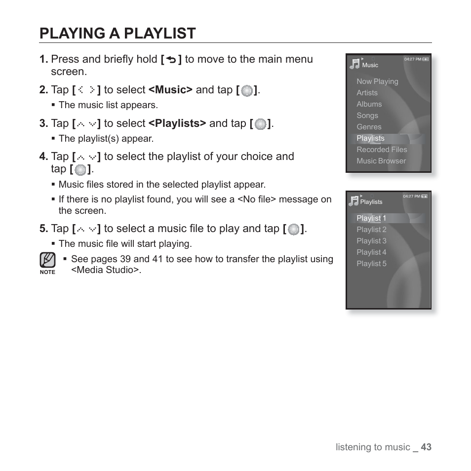 Playing a playlist | Samsung YP-S5JAB-XAA User Manual | Page 43 / 117