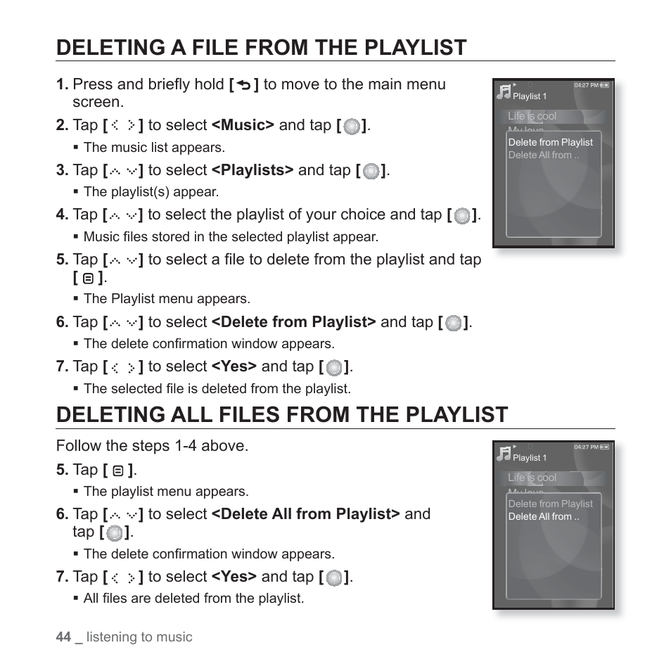 Deleting a file from the playlist, Deleting all files from the playlist | Samsung YP-S5JAB-XAA User Manual | Page 44 / 117