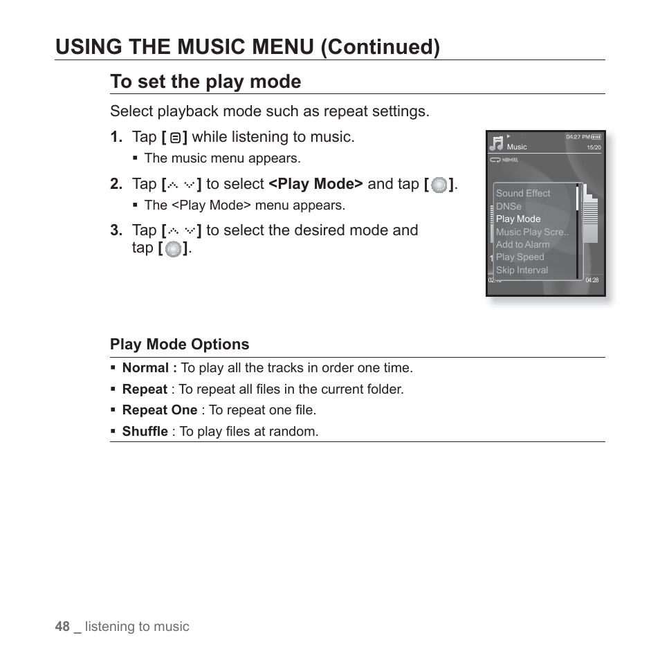Using the music menu (continued) | Samsung YP-S5JAB-XAA User Manual | Page 48 / 117