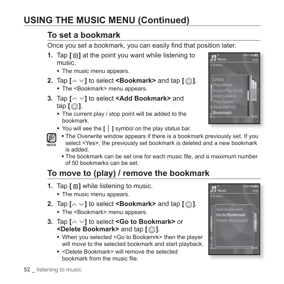 Using the music menu (continued) | Samsung YP-S5JAB-XAA User Manual | Page 52 / 117