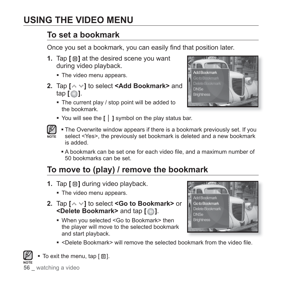 Using the video menu | Samsung YP-S5JAB-XAA User Manual | Page 56 / 117