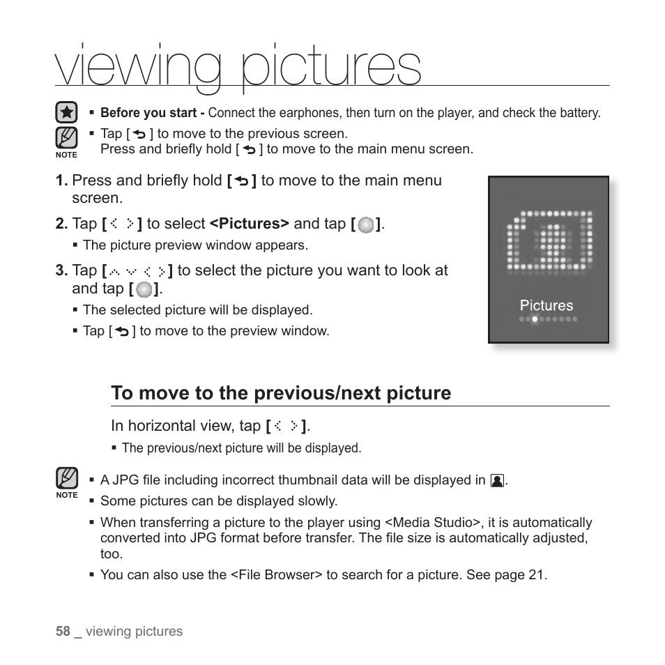 Viewing pictures | Samsung YP-S5JAB-XAA User Manual | Page 58 / 117