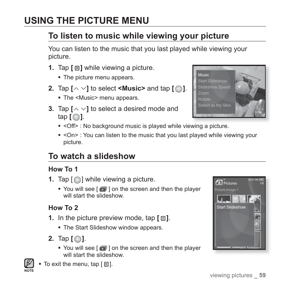 Using the picture menu | Samsung YP-S5JAB-XAA User Manual | Page 59 / 117