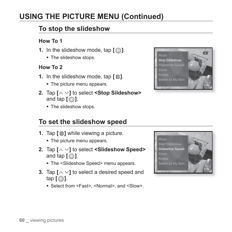 Using the picture menu (continued) | Samsung YP-S5JAB-XAA User Manual | Page 60 / 117