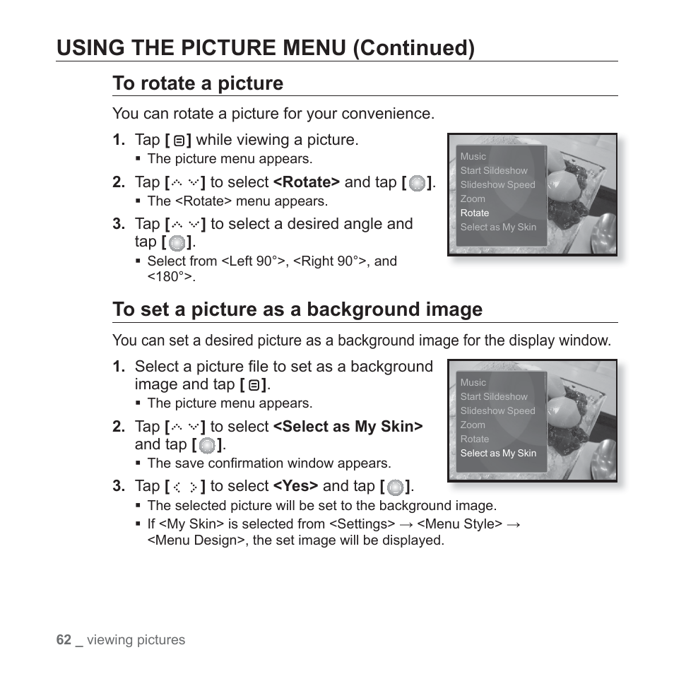 Using the picture menu (continued) | Samsung YP-S5JAB-XAA User Manual | Page 62 / 117