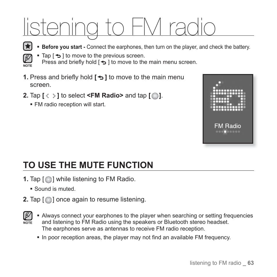 Listening to fm radio, To use the mute function | Samsung YP-S5JAB-XAA User Manual | Page 63 / 117