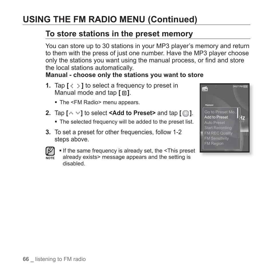Using the fm radio menu (continued) | Samsung YP-S5JAB-XAA User Manual | Page 66 / 117