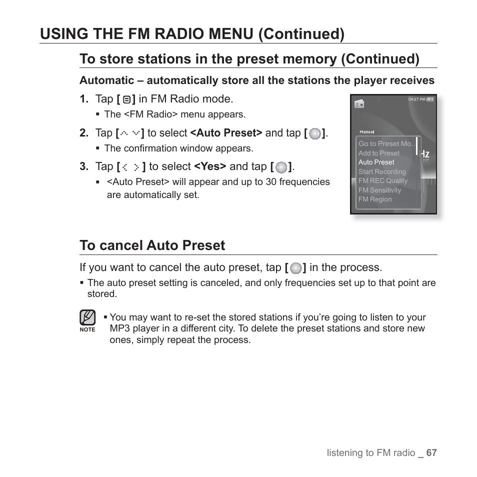 Using the fm radio menu (continued) | Samsung YP-S5JAB-XAA User Manual | Page 67 / 117