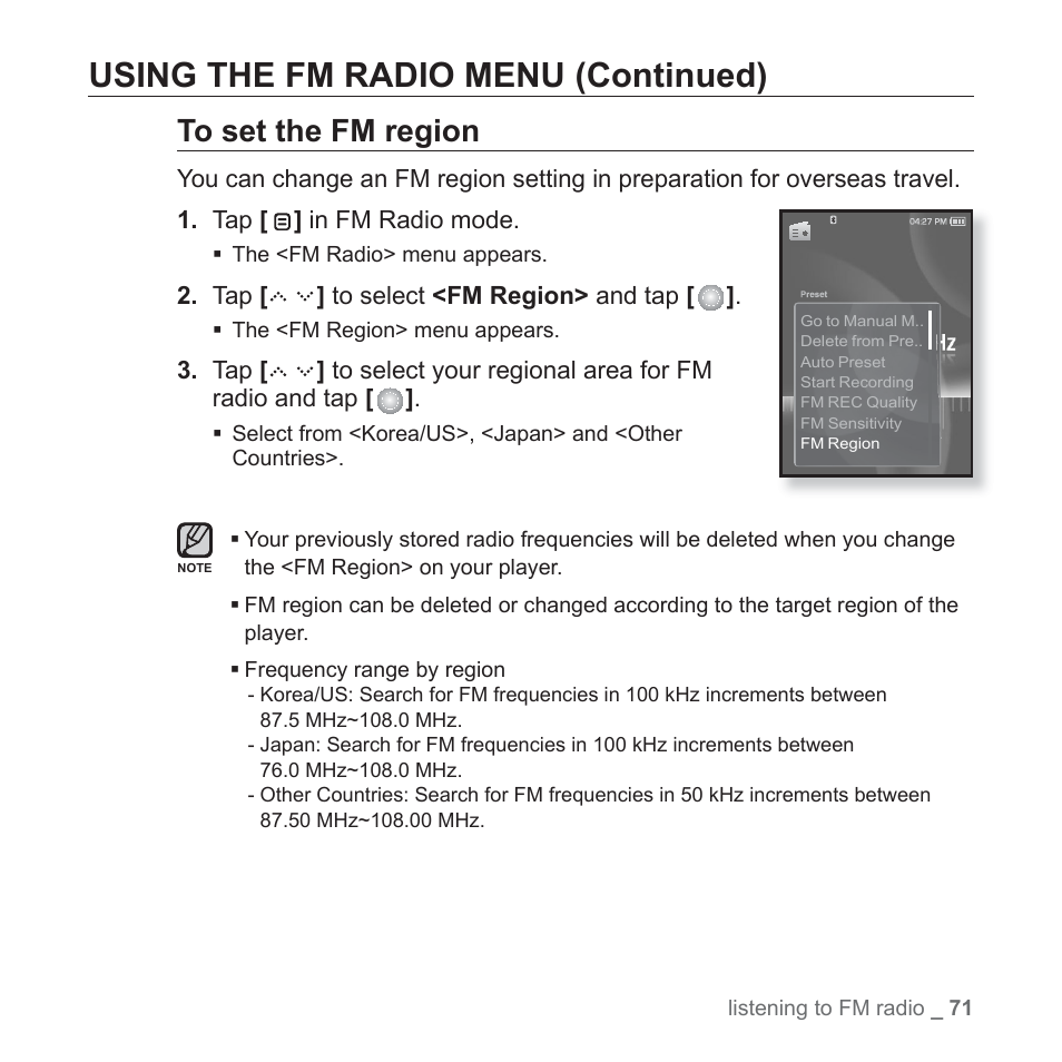 Using the fm radio menu (continued) | Samsung YP-S5JAB-XAA User Manual | Page 71 / 117
