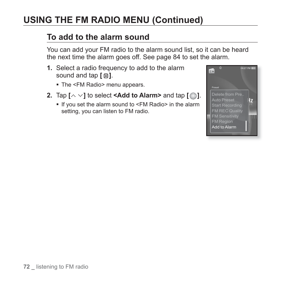 Using the fm radio menu (continued) | Samsung YP-S5JAB-XAA User Manual | Page 72 / 117