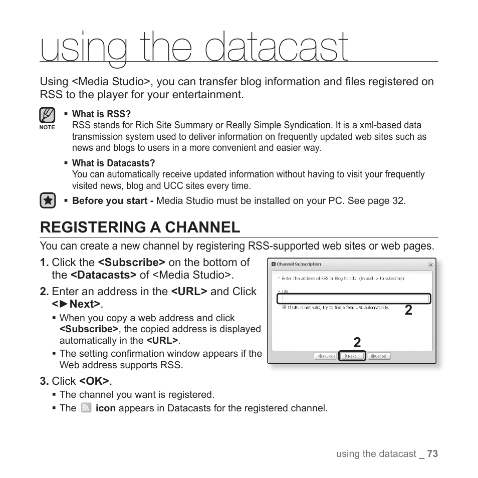 Using the datacast, Registering a channel | Samsung YP-S5JAB-XAA User Manual | Page 73 / 117