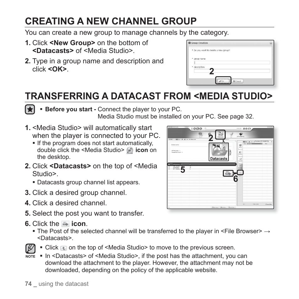 Creating a new channel group, Transferring a datacast from <media studio | Samsung YP-S5JAB-XAA User Manual | Page 74 / 117