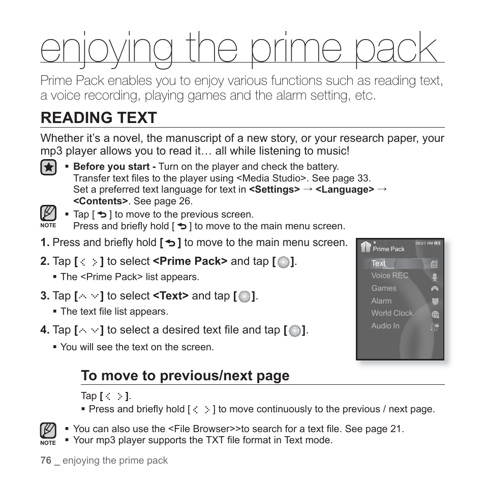 Enjoying the prime pack, Reading text | Samsung YP-S5JAB-XAA User Manual | Page 76 / 117