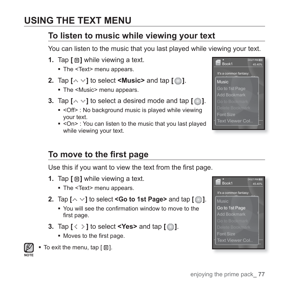Using the text menu | Samsung YP-S5JAB-XAA User Manual | Page 77 / 117