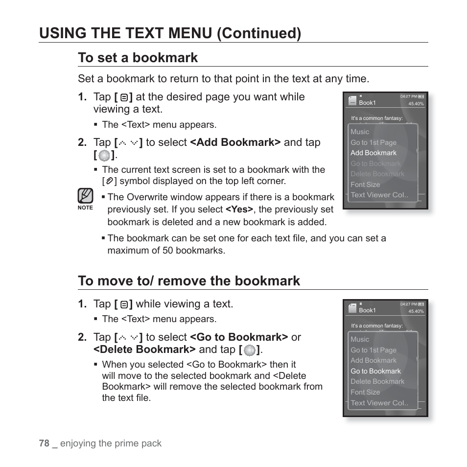Using the text menu (continued) | Samsung YP-S5JAB-XAA User Manual | Page 78 / 117