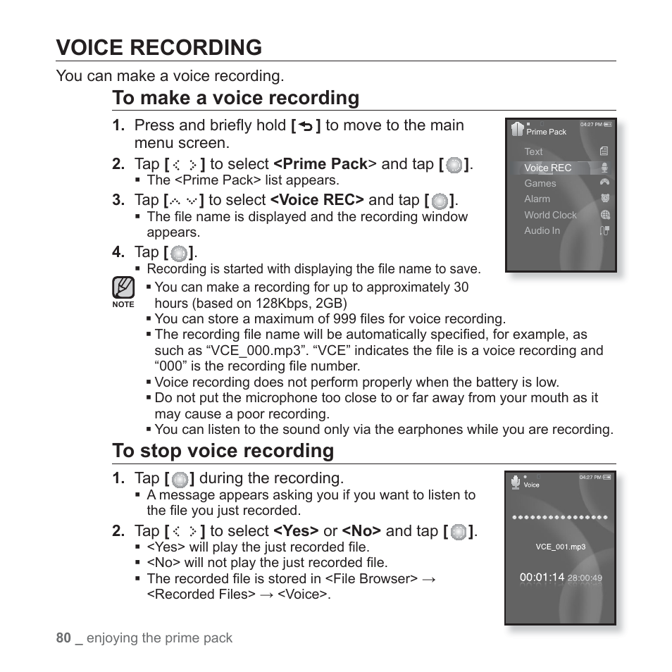 Voice recording | Samsung YP-S5JAB-XAA User Manual | Page 80 / 117