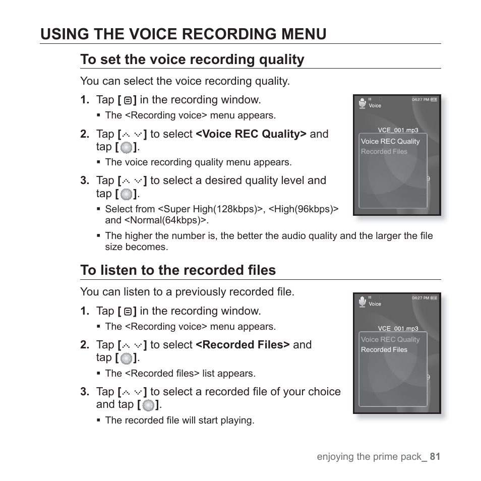 Using the voice recording menu | Samsung YP-S5JAB-XAA User Manual | Page 81 / 117