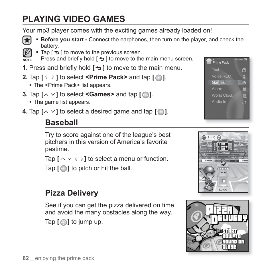 Playing video games, Baseball, Pizza delivery | Samsung YP-S5JAB-XAA User Manual | Page 82 / 117