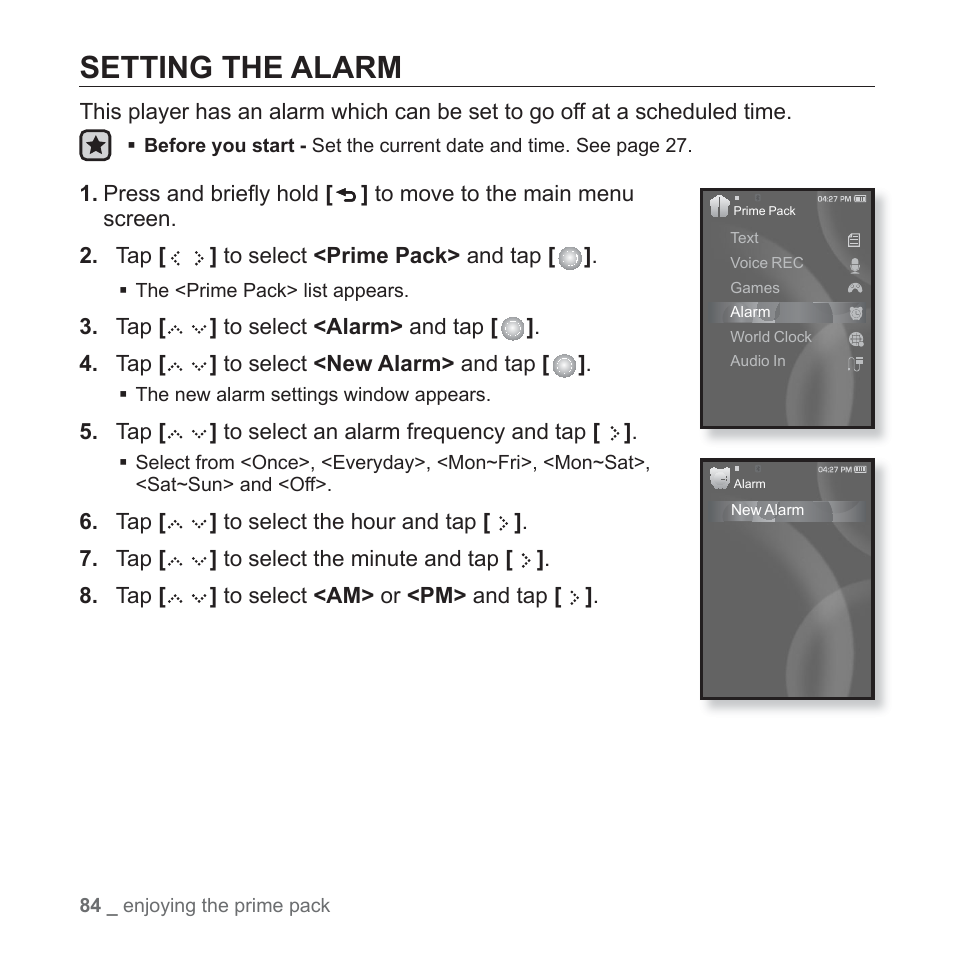 Setting the alarm | Samsung YP-S5JAB-XAA User Manual | Page 84 / 117