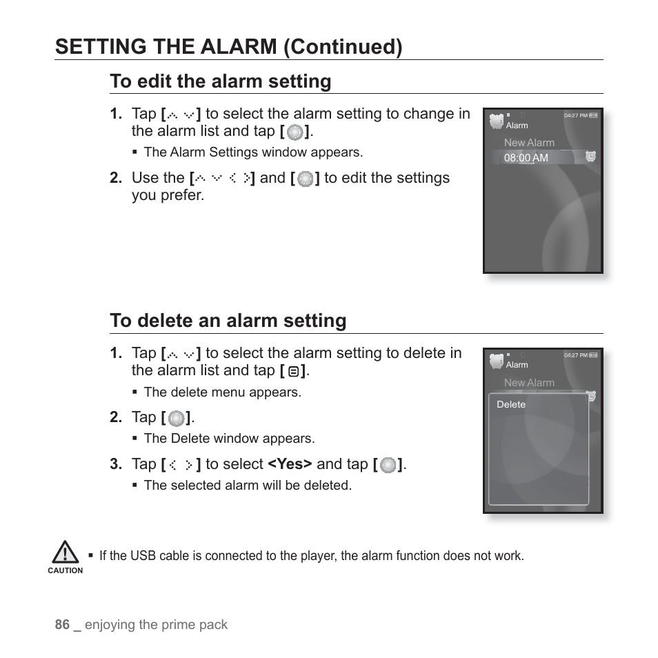 Setting the alarm (continued) | Samsung YP-S5JAB-XAA User Manual | Page 86 / 117